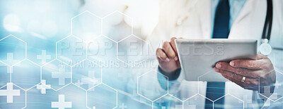 Buy stock photo Healthcare, doctor with tablet and technology transformation overlay, digital health system and online medical info. Hospital data, physician hands in medicine mockup, tech innovation and research