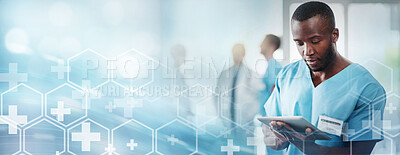 Buy stock photo Healthcare, doctor and tablet with tech transformation overlay, digital healthcare system and online medical info. Hospital data, black man in medicine mockup, technology innovation and research