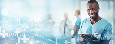 Buy stock photo Banner, portrait and black man with a tablet for healthcare, medical and digital insurance. Happy, internet and African doctor with an email on technology for nursing, cardiology or hospital work