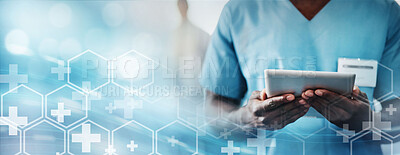 Buy stock photo Tablet, medicine and doctor with technology transformation overlay, digital healthcare system and online medical info. Hospital data, health mockup with black man hands, tech innovation and research