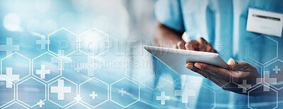 Buy stock photo Doctor with tablet, medical and technology transformation overlay, digital healthcare system with online health info. Hospital data, black man hands in medicine mockup, tech innovation and research