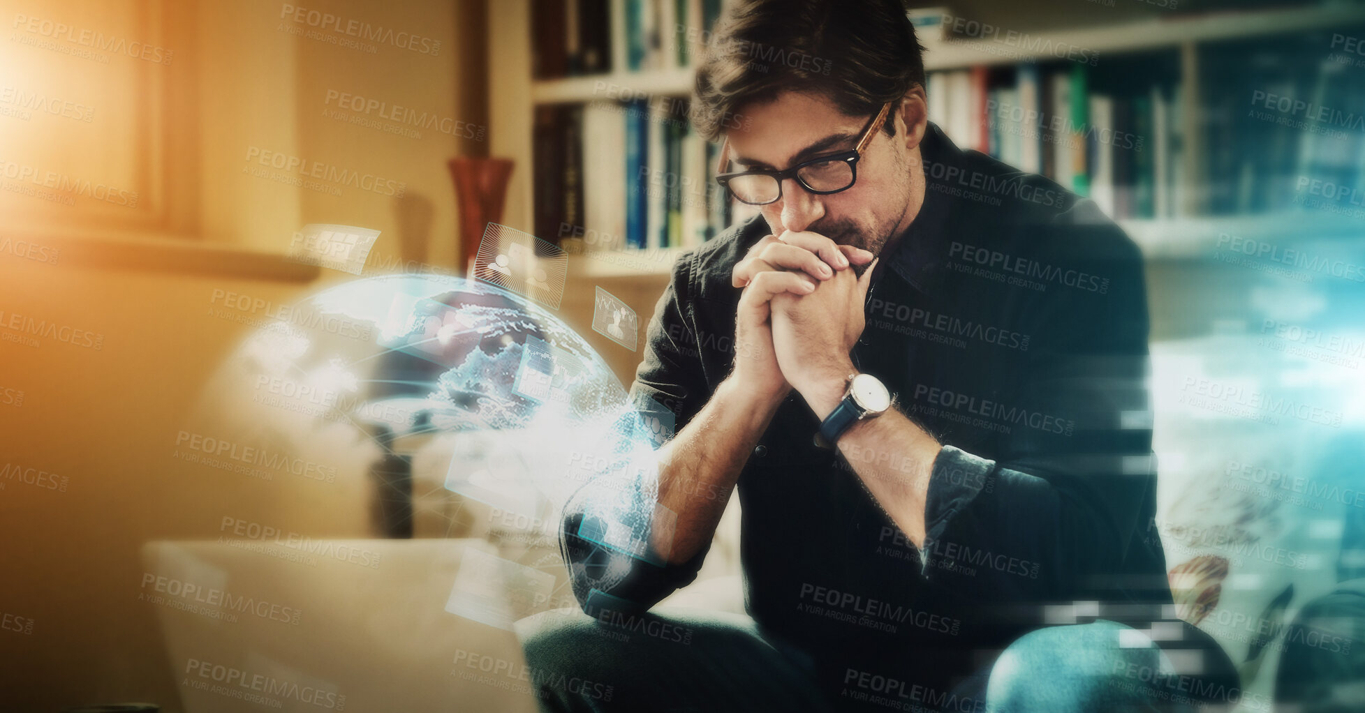 Buy stock photo Overlay, hologram and man with laptop, thinking and opportunity for development, futuristic and information technology. Future, male and gentleman with device, focus and decisions for economy growth