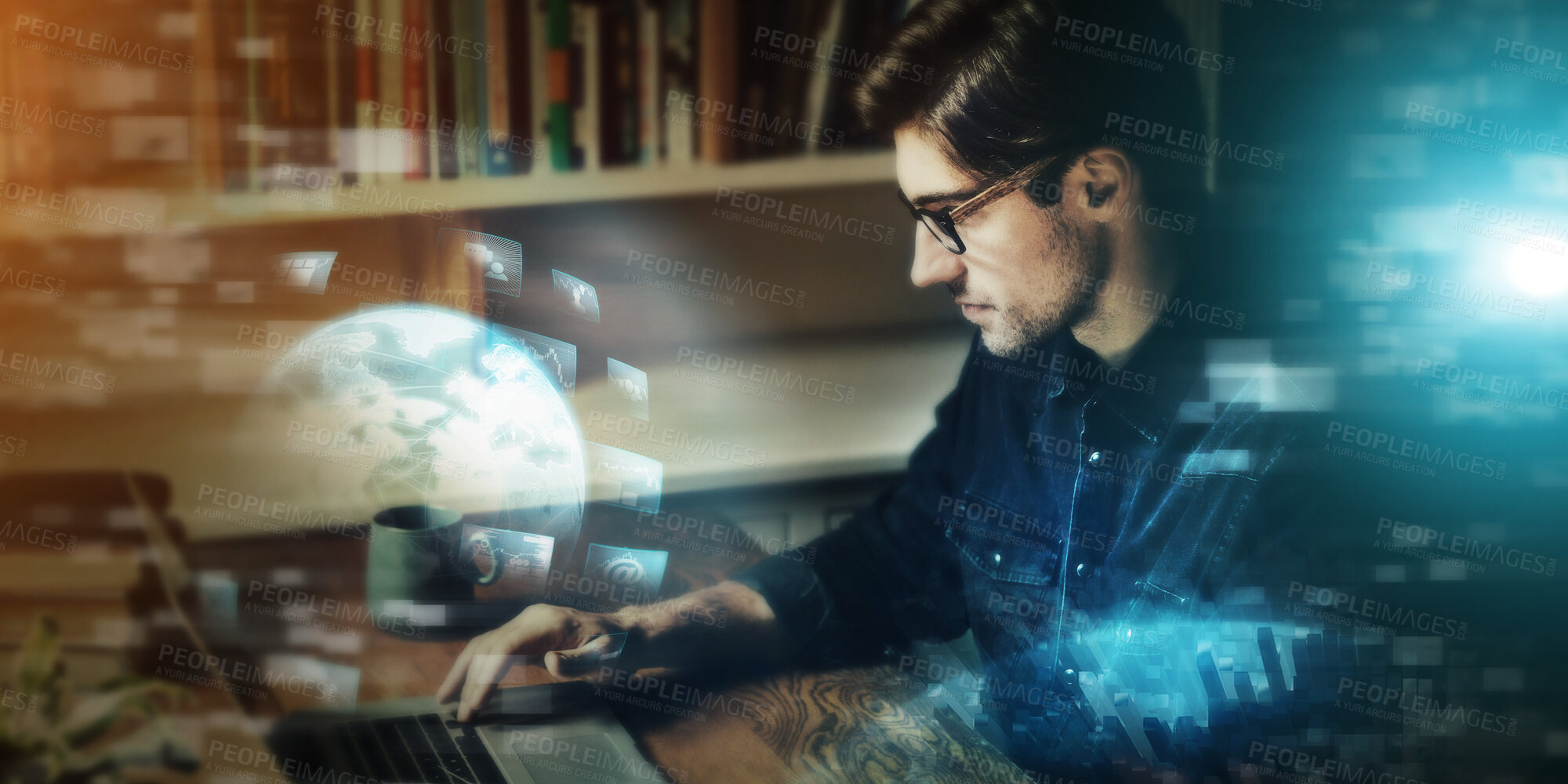 Buy stock photo Futuristic, technology and world, business man with tech transformation overlay, hologram and laptop. Internet, digital future and metaverse, 3d cyber system and data analytics, connectivity and ai