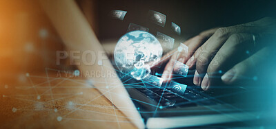 Buy stock photo Closeup typing, overlay and computer in night for planning, big data and information technology in futuristic office. Tech woman hands, pc and 3d holographic ui for innovation, cybersecurity and goal