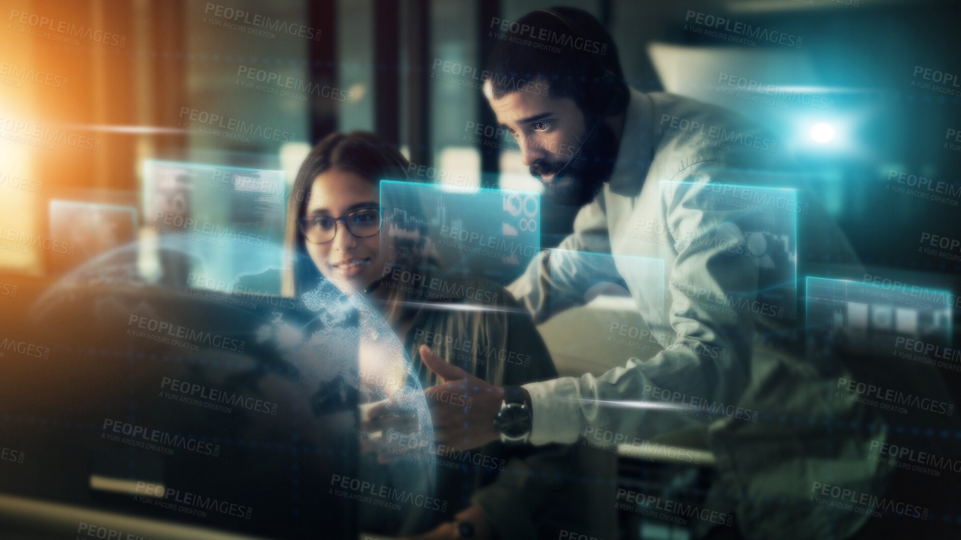 Buy stock photo Businessman, woman and computer with overlay in night for planning, crm and coaching in futuristic office. Tech support coach, man and girl by pc for learning, 3d holographic abstract and teamwork