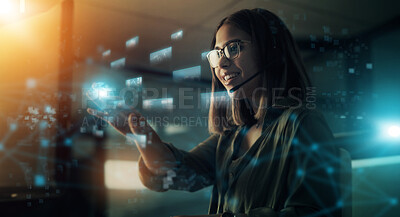 Buy stock photo Creative businesswoman, hologram and digital transformation or icons at night in double exposure. Female employee working with big data, research or networking for future innovation in online startup