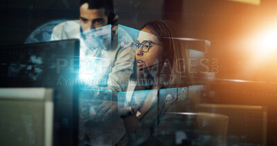 Buy stock photo Creative business people, digital transformation and hologram with lens flare for future networking at night in double exposure. Consultants in telemarketing or big data innovation for online startup