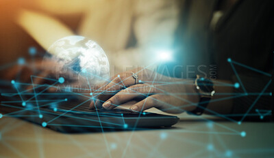 Buy stock photo Hands, keyboard and digital marketing, networking or global cybersecurity for trading, IoT or future technology. Hand of person typing on computer for online search, big data or fintech on overlay