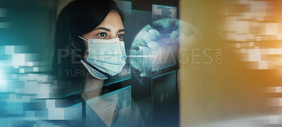 Buy stock photo Creative businesswoman, hologram and digital marketing with mask at night in double exposure. Female employee working with big data, research or networking for future innovation in online startup