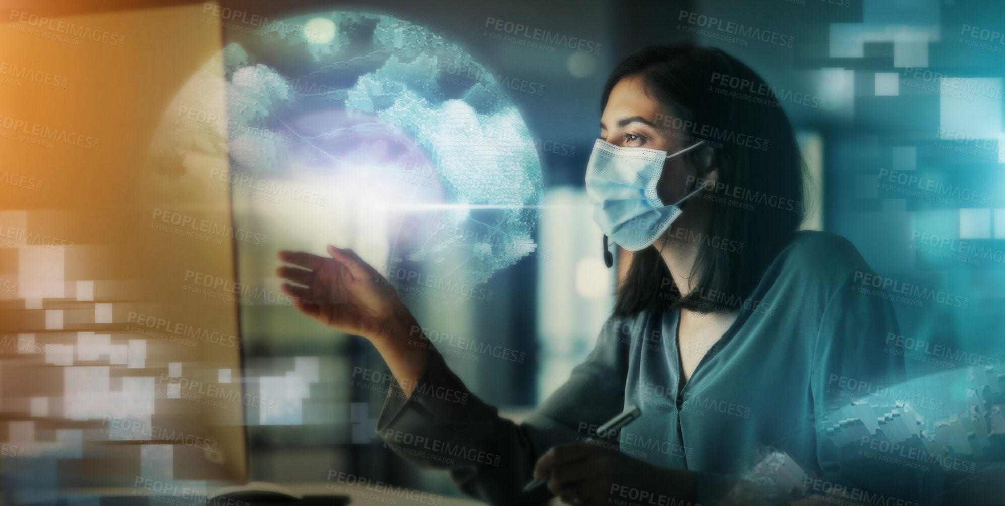 Buy stock photo Businesswoman, hologram and digital transformation with mask in medical healthcare at night in double exposure. Female employee working with big data, research or science innovation for breakthrough