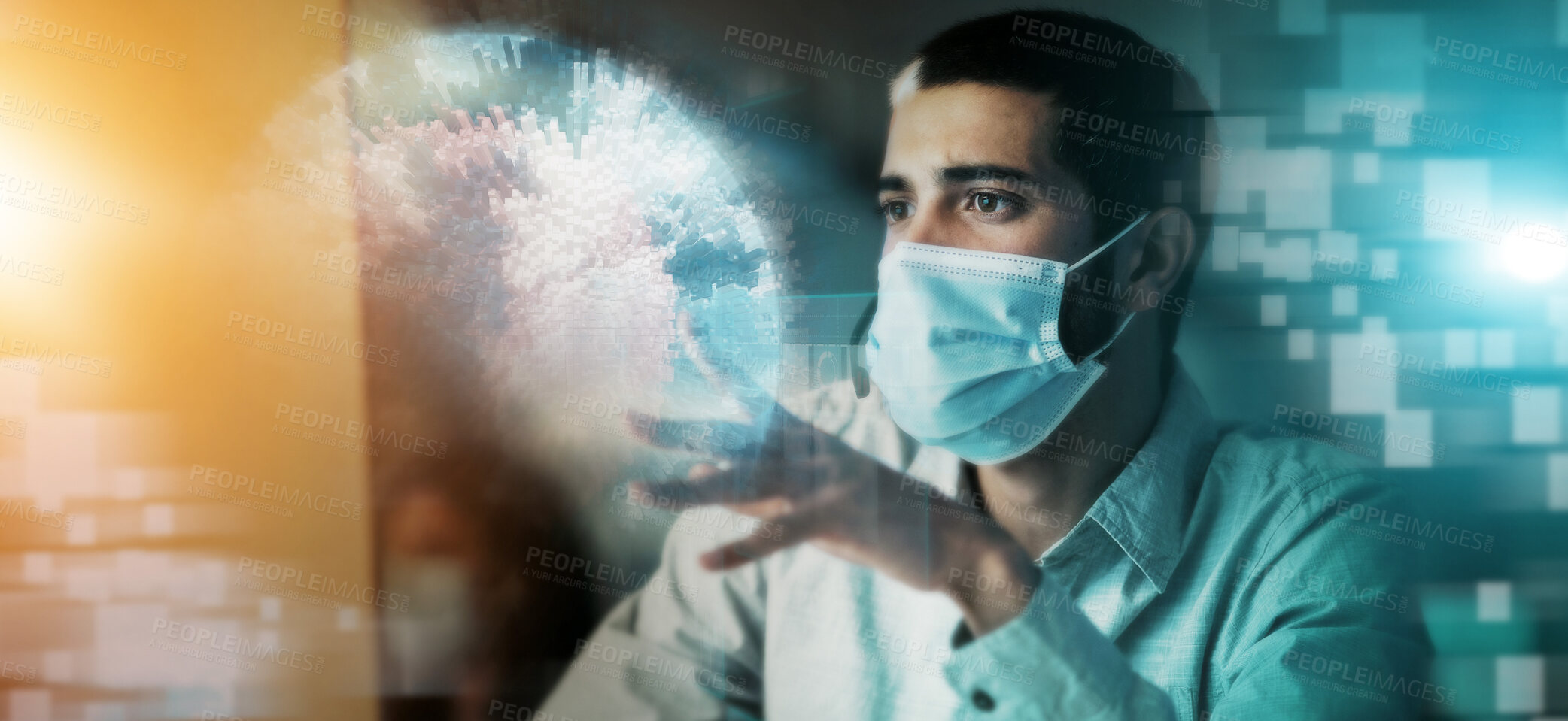 Buy stock photo Businessman, hologram and digital transformation with mask at night for research in medical healthcare. Male working on computer technology in big data, analytics for future innovation online
