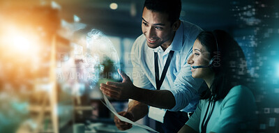 Buy stock photo Digital marketing, team and telemarketing in call center for future networking at night in double exposure. Business people or consultants smiling for big data, innovation or global communication