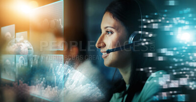 Buy stock photo Call center, digital hologram and woman in night communication, telemarketing and global networking sales. Virtual consultant, agent or telecom person with futuristic overlay and business consulting