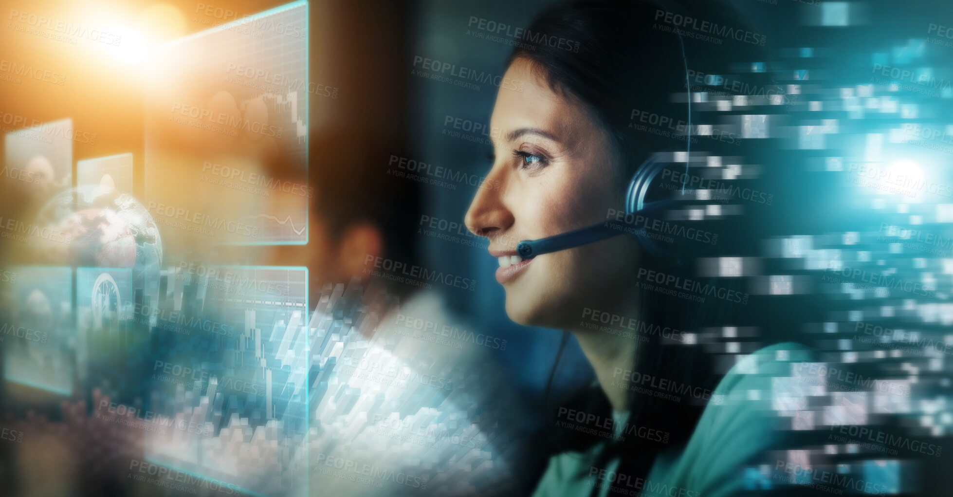 Buy stock photo Call center, digital hologram and woman in night communication, telemarketing and global networking sales. Virtual consultant, agent or telecom person with futuristic overlay and business consulting