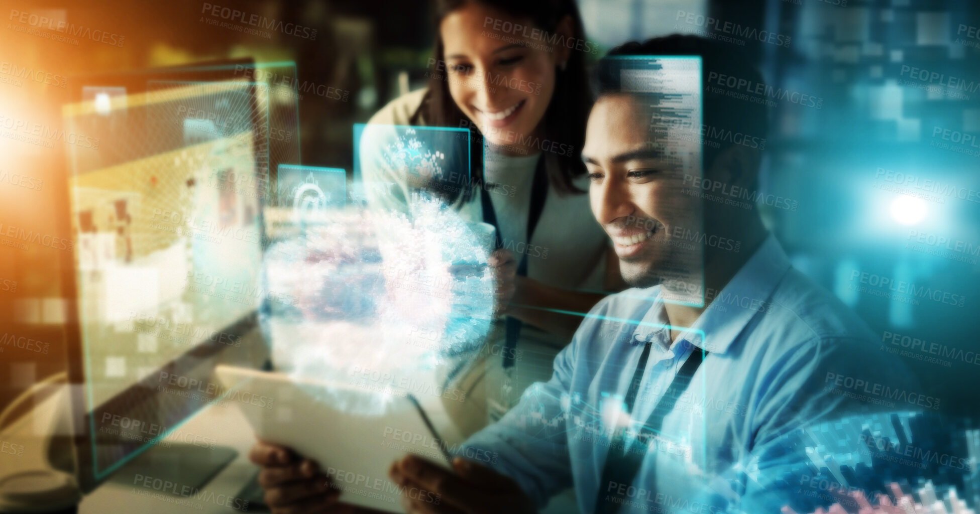 Buy stock photo Creative business people, tablet and digital transformation with hologram for future networking at night in double exposure. Happy developers smile for big data, innovation or IoT in online startup