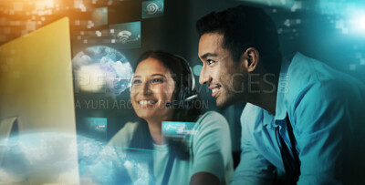 Buy stock photo Futuristic business people, call center and hologram in digital marketing, networking or desktop support in double exposure. Happy consultants smile for big data or global communication on overlay