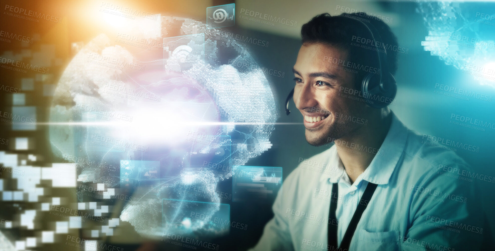 Buy stock photo Call center, digital hologram and man in happy communication, telemarketing and global networking sales. Virtual consultant, agent or telecom person with futuristic overlay and business consulting