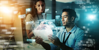 Buy stock photo Creative business people, tablet and planning in digital marketing for global future networking or collaboration at night in double exposure. Developing team in startup strategy with big data overlay