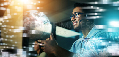 Buy stock photo Businessman, hologram and global communication in call center for futuristic IT support or digital transformation at night in double exposure. Male consultant in big data, telemarketing or networking