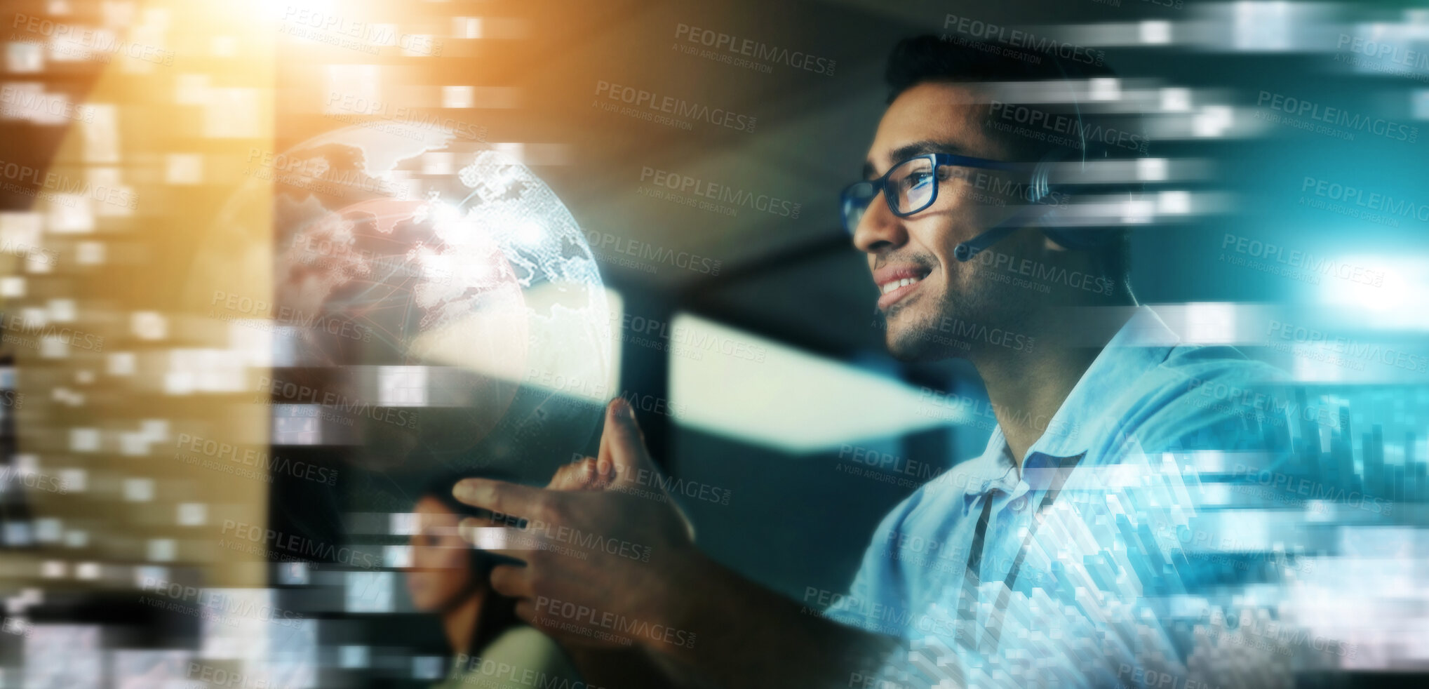 Buy stock photo Businessman, hologram and global communication in call center for futuristic IT support or digital transformation at night in double exposure. Male consultant in big data, telemarketing or networking