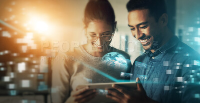 Buy stock photo Creative business people, tablet and future innovation for networking, planning or collaboration at night in double exposure. Team developing startup strategy or digital marketing on big data overlay