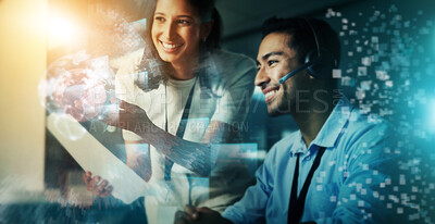 Buy stock photo Futuristic business people, call center and global communication in strategy for it support at night in double exposure. Happy consultants smile for big data, innovation or online assistance