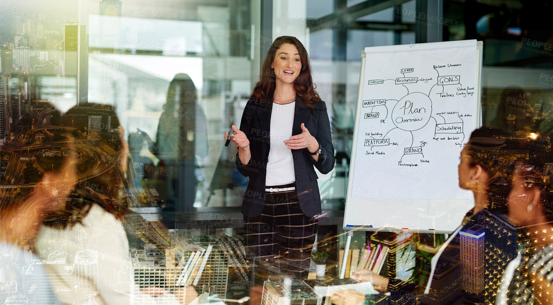 Buy stock photo Business people, planning and meeting with team, woman speaker with presentation, seminar or brainstorming workshop. Communication, collaboration and training with project strategy overlay in office