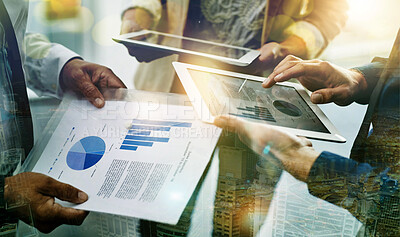 Buy stock photo Table, people hands and digital overlay for data analytics strategy, planning or teamwork in finance graphs or charts. Stock market research, financial report or screen analysis of business employees