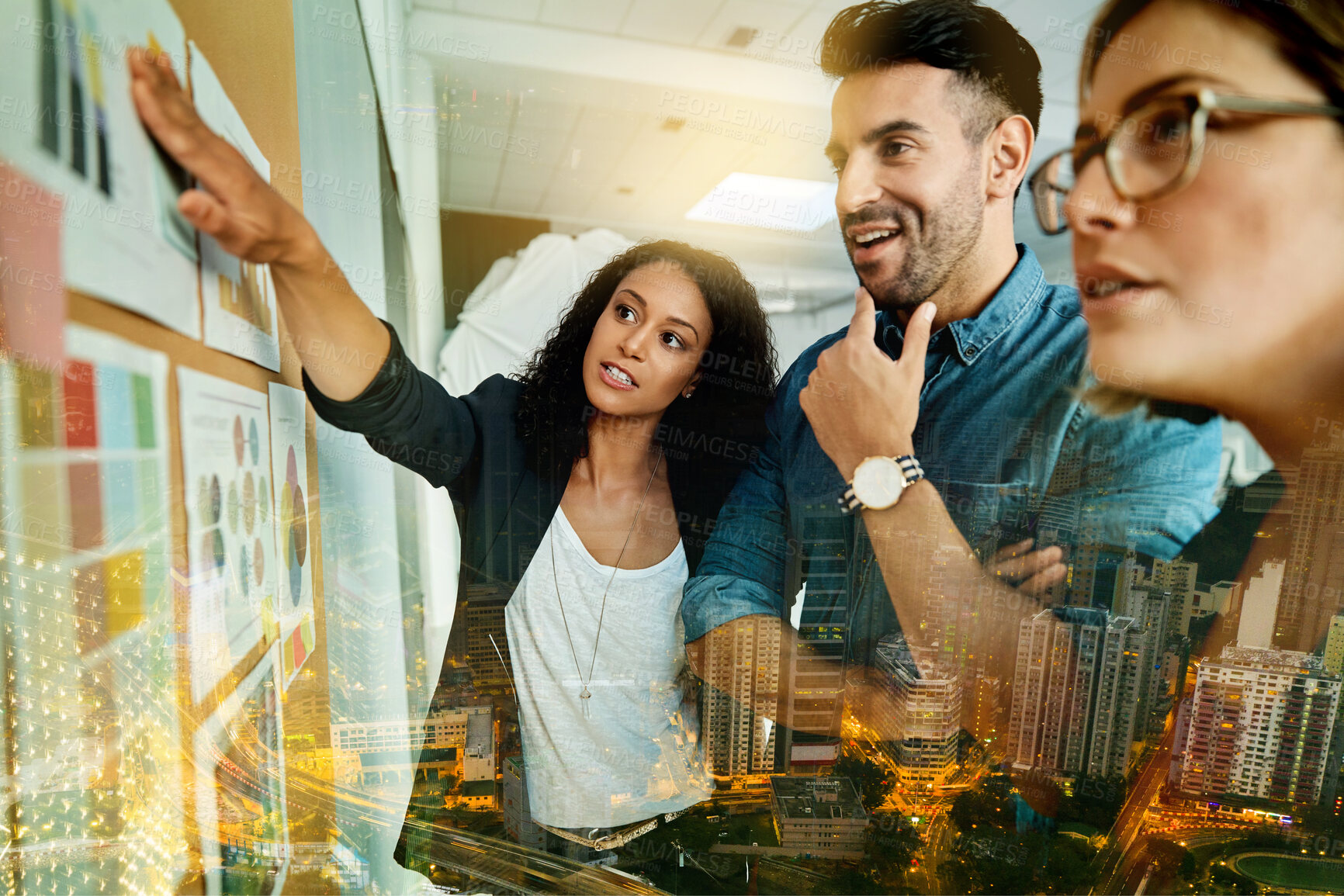 Buy stock photo Planning, ideas and overlay of business people with data in a digital marketing meeting at work. Analysis, creative and group of employees with a cityscape, stats and brainstorming a strategy