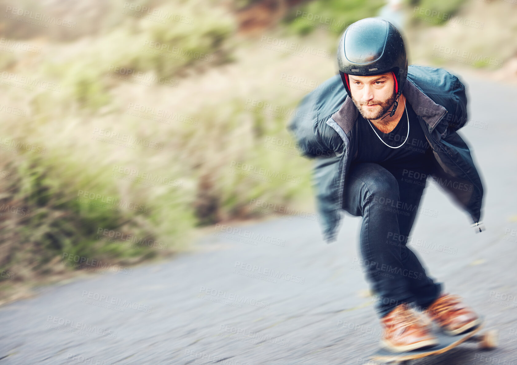 Buy stock photo Skateboard, sports and man skating on road for fitness, exercise or wellness. Training, freedom and male skater moving with fast speed, skateboarding and riding alone outdoors for action or workout.