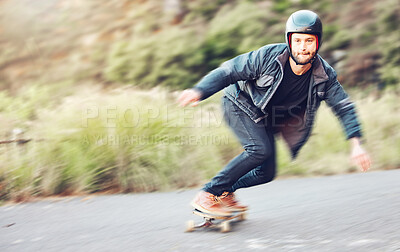 Buy stock photo Sports, skateboard and man skating on road for fitness, exercise or wellness. Training, freedom and portrait of male skater moving with fast speed, skateboarding or riding outdoors for action workout