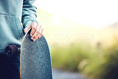 Buy stock photo Skateboard, sports and hands of man in park ready for adventure, skateboarding and fitness in city. Copy space, mockup and male skater with longboard for exercise, skating and training outdoors