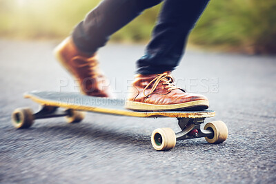 Street, shoes on skateboard and longboard skating at skatepark with speed, skill and balance on road. Freedom, urban fun and gen z skateboarder hobby, legs and skate trick skateboarding for transport