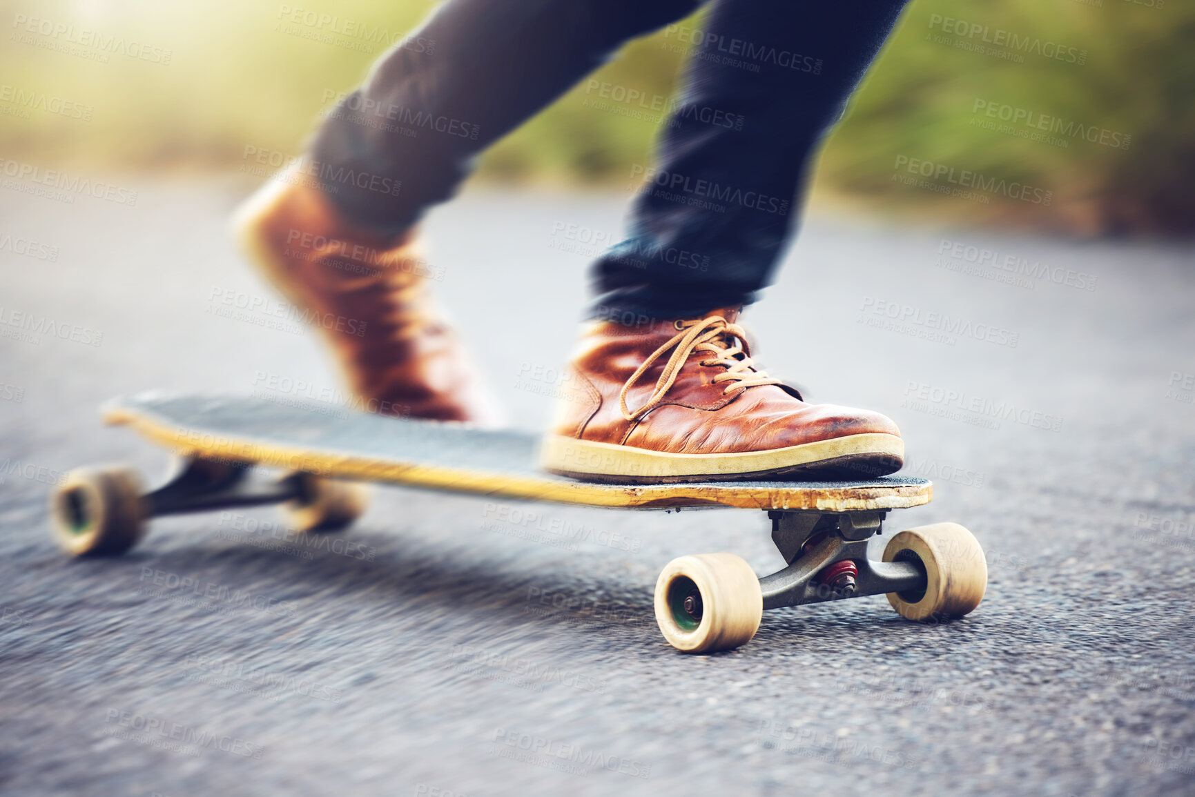 Buy stock photo Street, shoes on skateboard and longboard skating at skatepark with speed, skill and balance on road. Freedom, urban fun and gen z skateboarder hobby, legs and skate trick skateboarding for transport