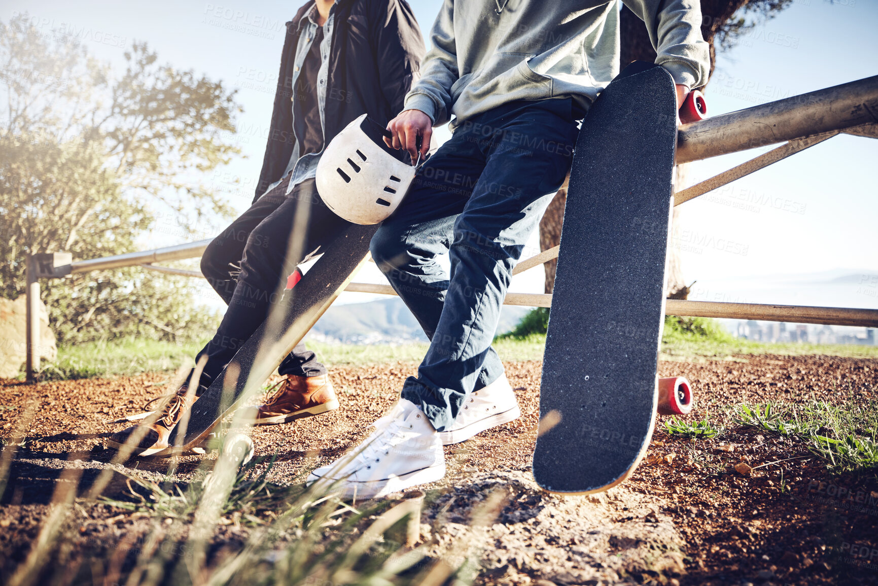 Buy stock photo Skateboard, sports and legs of friends in park ready for adventure, freedom and enjoying hobby together. Friendship, fitness and skater men with longboard for exercise, skating and training outdoors