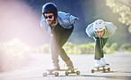 Sports, speed and safety, longboard skating in road, man and woman racing downhill with skateboard and helmet. Extreme sport adventure, skateboarding street race and skateboarder on mountain pass.