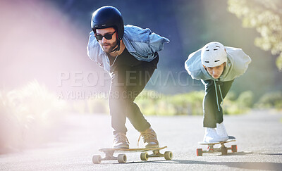 Sports, speed and safety, longboard skating in road, man and woman racing downhill with skateboard and helmet. Extreme sport adventure, skateboarding street race and skateboarder on mountain pass.