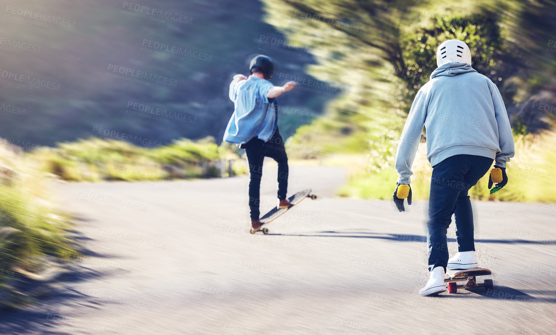 Buy stock photo Friends, speed and longboard skating in road, men racing downhill with skateboard and helmet for safety. Extreme sports adventure, skateboarding street race and skateboarder tricks on mountain pass.