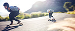 Sports, speed and fast longboard skating in road, friends racing downhill with skateboard and helmet for safety. Extreme sport adventure, skateboarding street race and skateboarder on mountain pass.