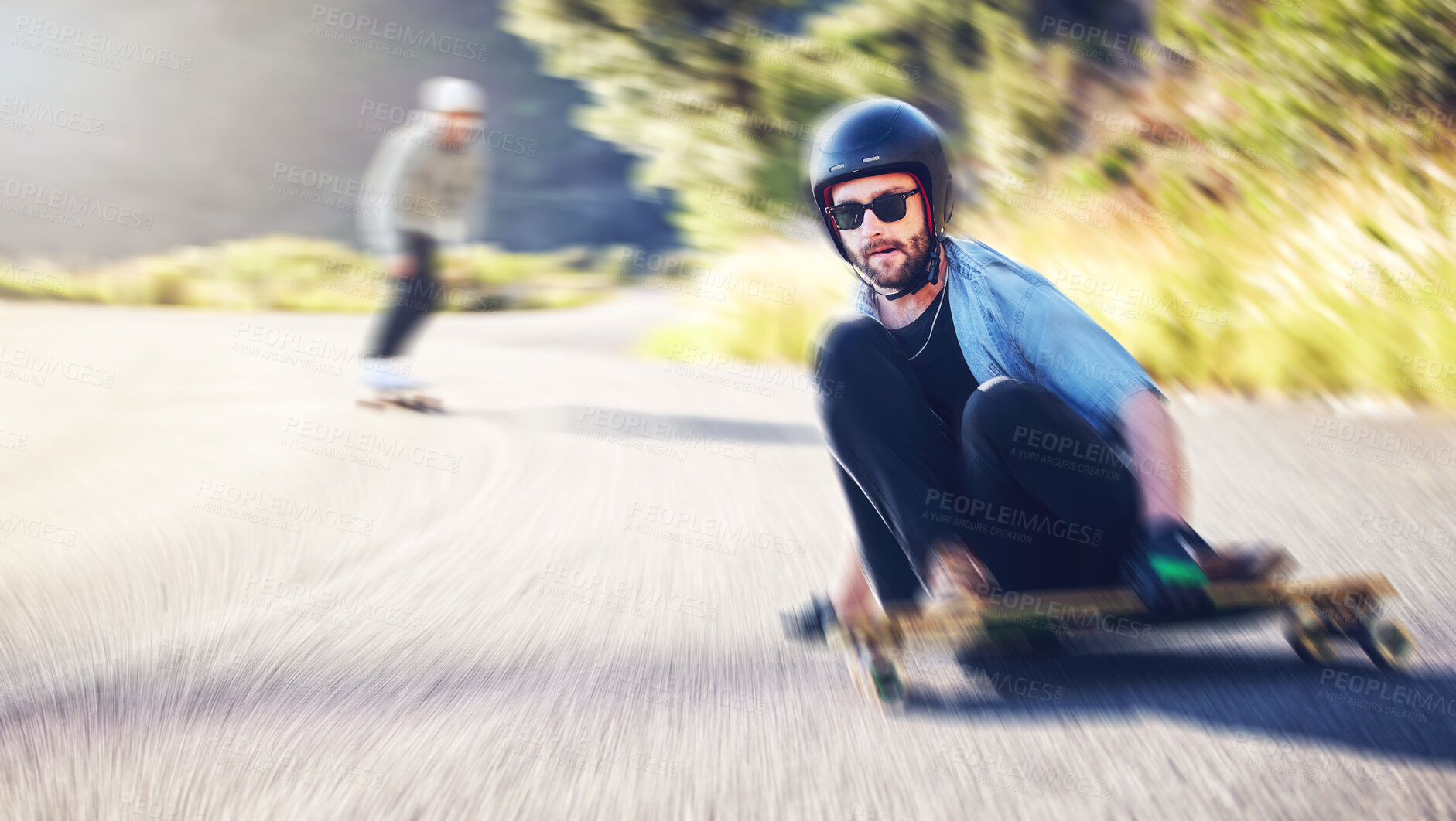 Buy stock photo Sports road, skateboard and man skating for fitness, exercise and wellness. Training, sunglasses portrait and male skater sitting on board moving with fast speed, skateboarding and riding for action.