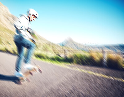 Blurred, fast and man skateboarding in the street for fitness, training and exercise in Brazil. Sport, speed and person doing tricks on a skateboard in the road for urban action, movement and balance