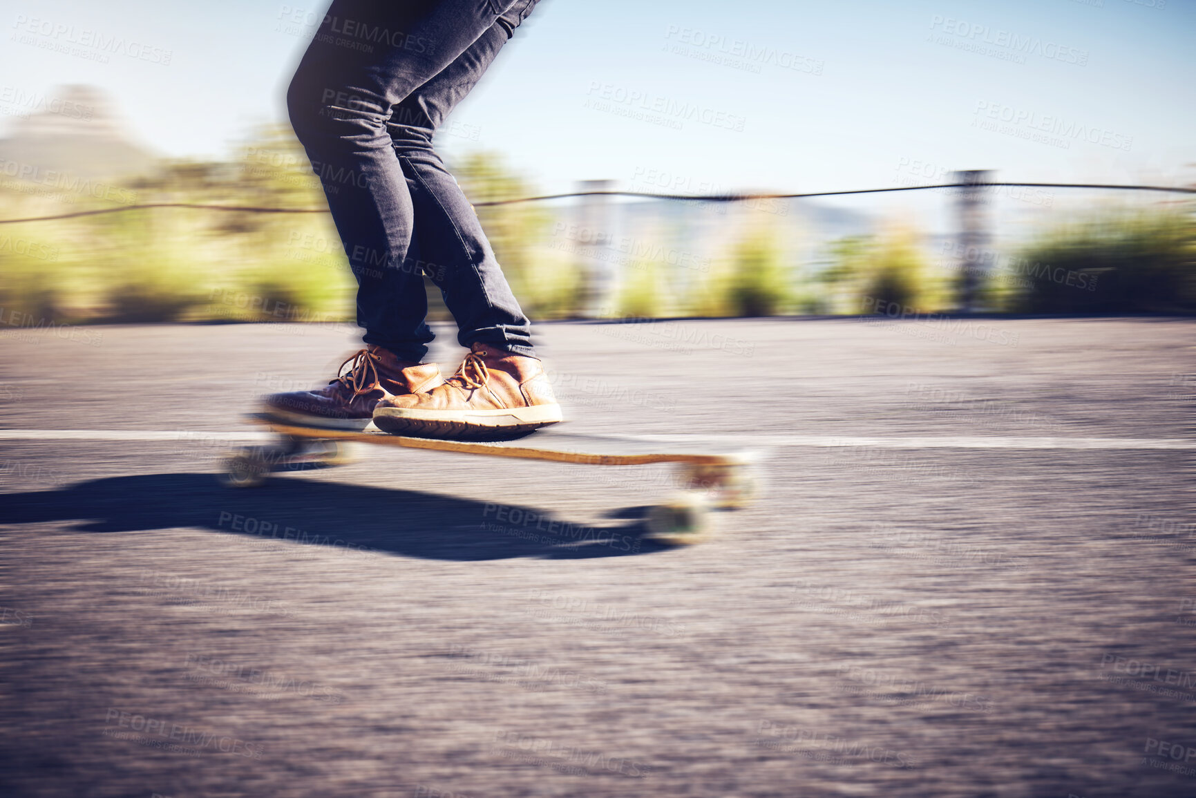 Buy stock photo Fast, blur and legs of a man on a skateboard in street for exercise, training and travel in Australia. Fitness, sports and legs of a person skateboarding in the city road for fun, speed and cardio