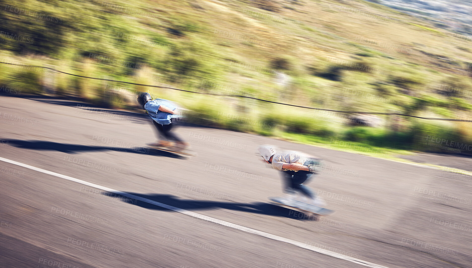 Buy stock photo Fast skateboard, road and people on mountain training, competition or crazy adventure in sports challenge. Speed, motion and moving of skater team on street for youth learning, balance and energy