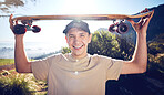 Sports, skateboard and portrait of man on mountain for adventure, freedom and ready for skateboarding. Fashion, fitness and face of skater smile with longboard for exercise, skating and training