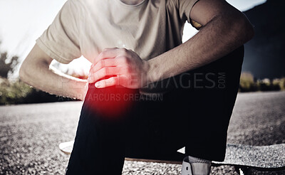 Buy stock photo Knee pain, hands of man and skateboarder with injury after fall, accident or workout outdoors. Sports, fitness and male skater with fibromyalgia, arthritis or leg inflammation after skating exercise.