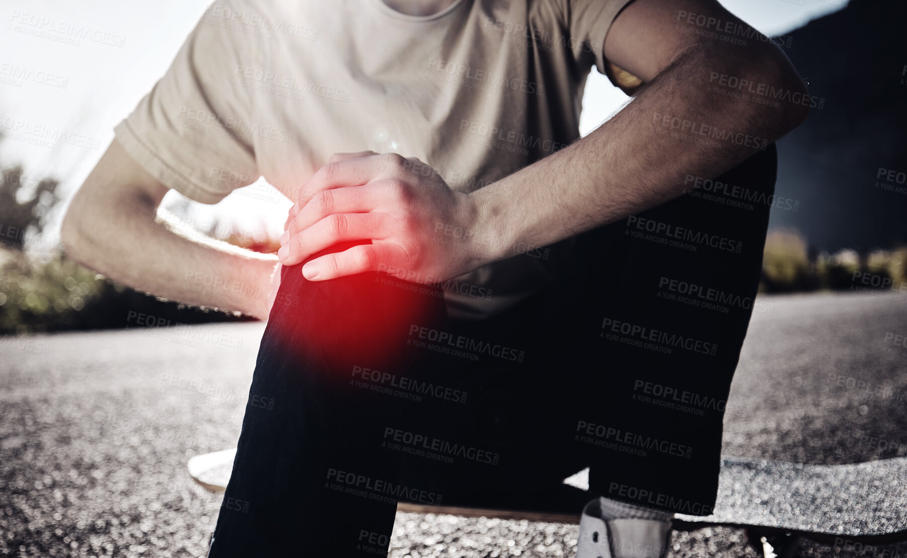 Buy stock photo Knee pain, hands of man and skateboarder with injury after fall, accident or workout outdoors. Sports, fitness and male skater with fibromyalgia, arthritis or leg inflammation after skating exercise.