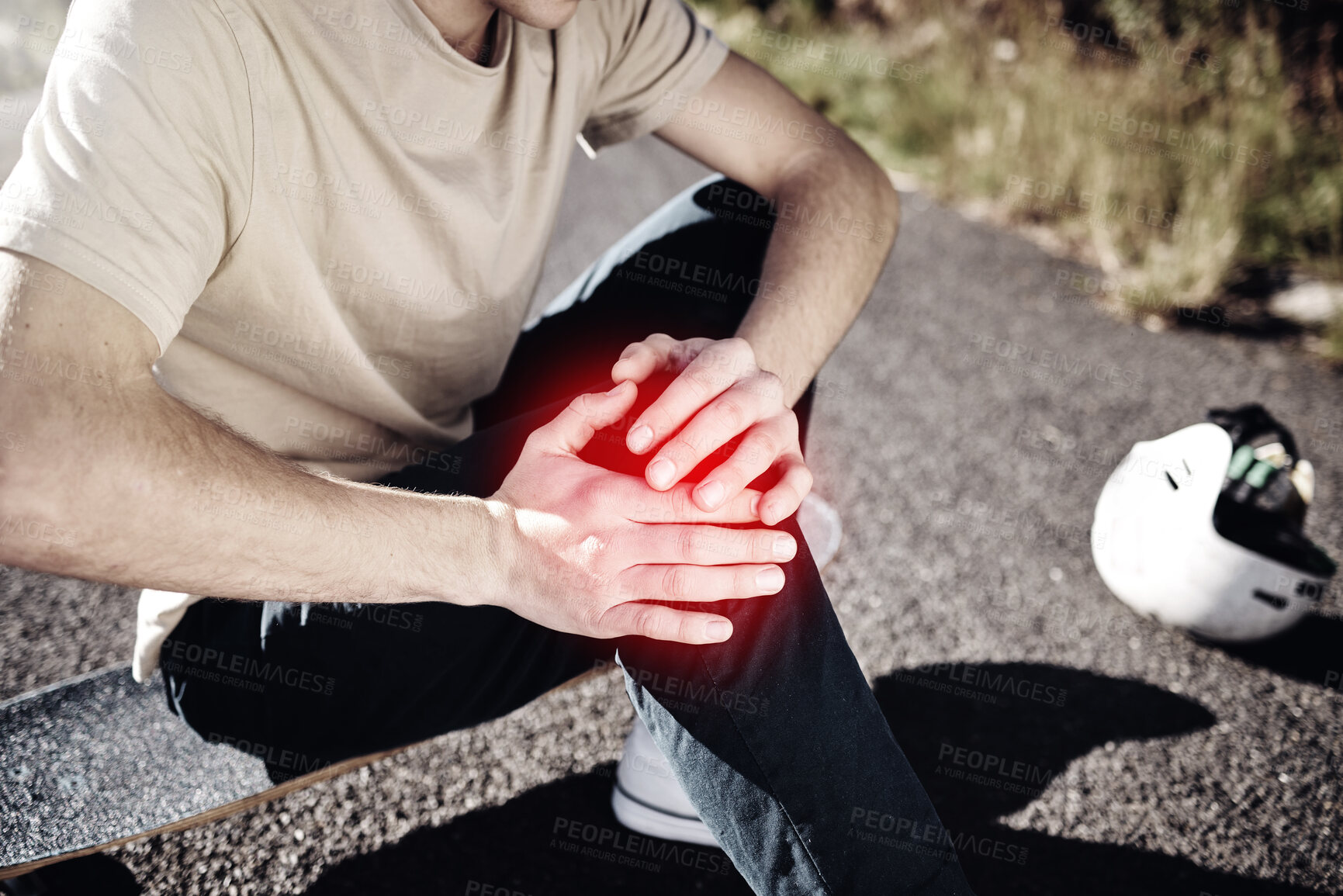 Buy stock photo Hands of man, knee pain and skateboarder with injury after fall, accident or workout outdoors. Sports, fitness and male skater with fibromyalgia, arthritis or leg inflammation after skating exercise.