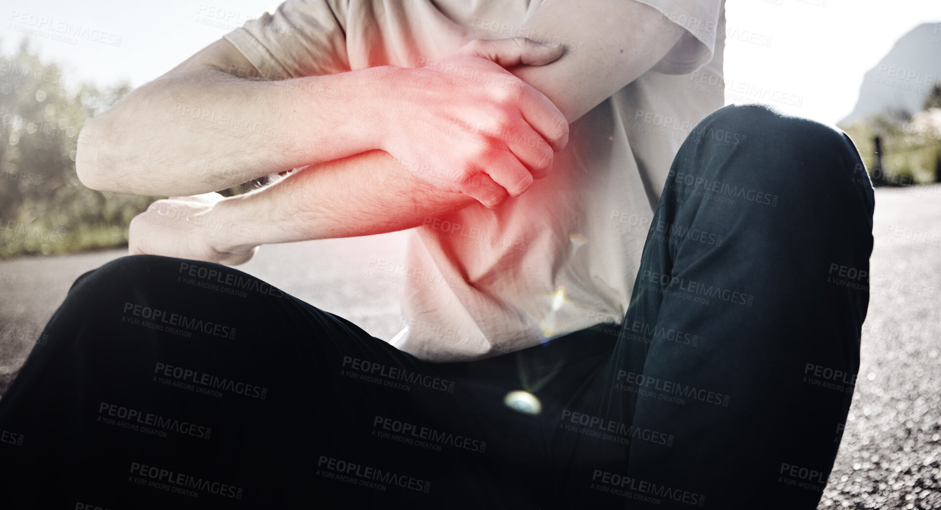 Buy stock photo Hands, pain or man with arm injury on road after fall, accident or exercise workout outdoors. Sports, fitness or male with elbow fibromyalgia, arthritis or inflammation, broken bones or painful joint