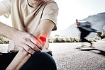 Pain, hands or man with arm injury on road after fall, accident or exercise workout outdoors. Sports, fitness or male with elbow fibromyalgia, arthritis or inflammation, broken bones or painful joint