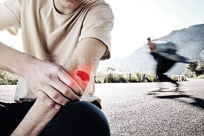 Buy stock photo Pain, hands or man with arm injury on road after fall, accident or exercise workout outdoors. Sports, fitness or male with elbow fibromyalgia, arthritis or inflammation, broken bones or painful joint